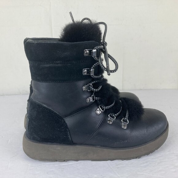 UGG Viki Womens 8.5 Leather Shearling Lace Up Vibram Soles Winter Ankle Boots - Picture 5 of 11